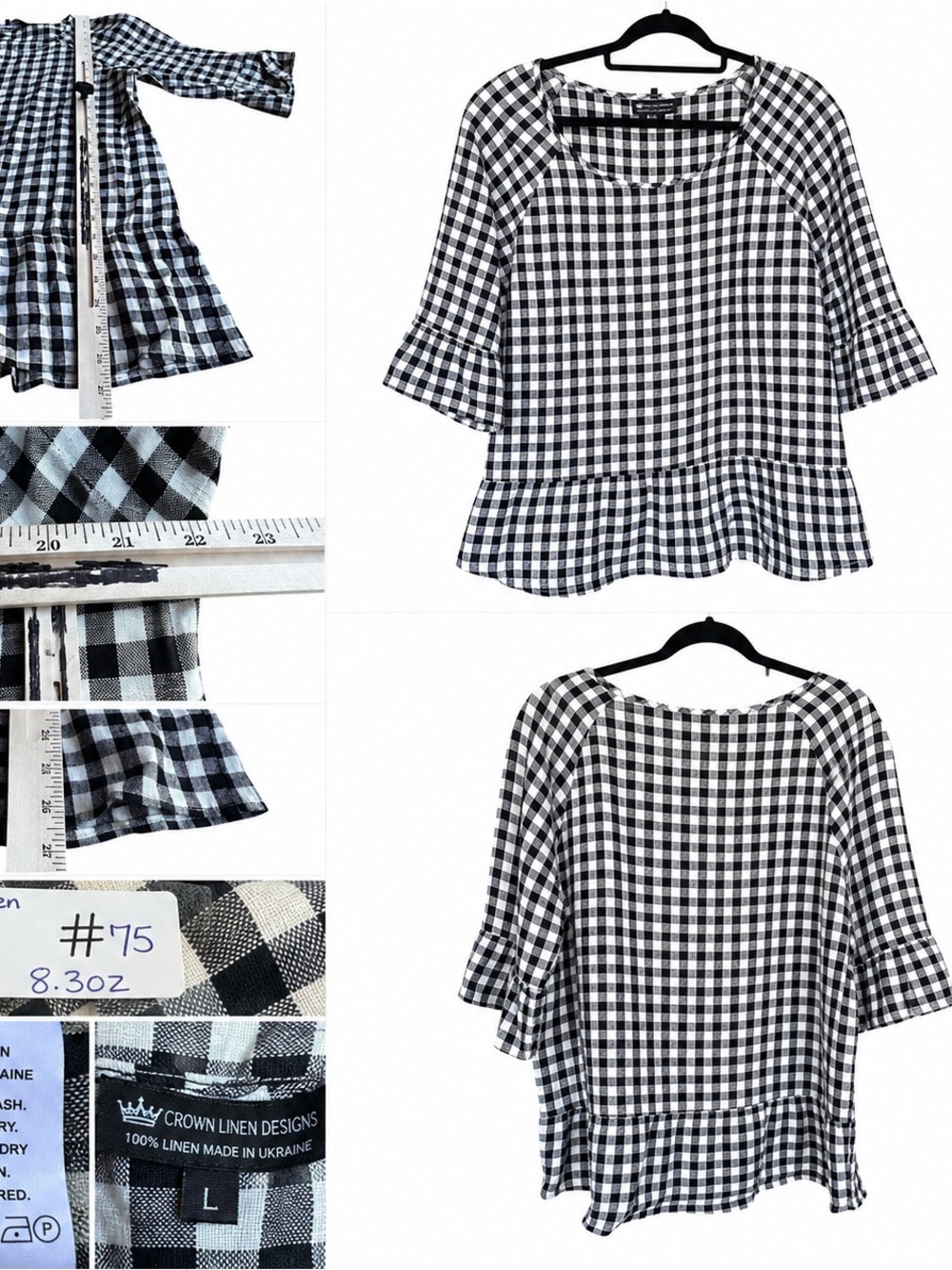 Crown Linen Designs 100%‎ Linen Black White Gingham Peplum Blouse Large Ukraine